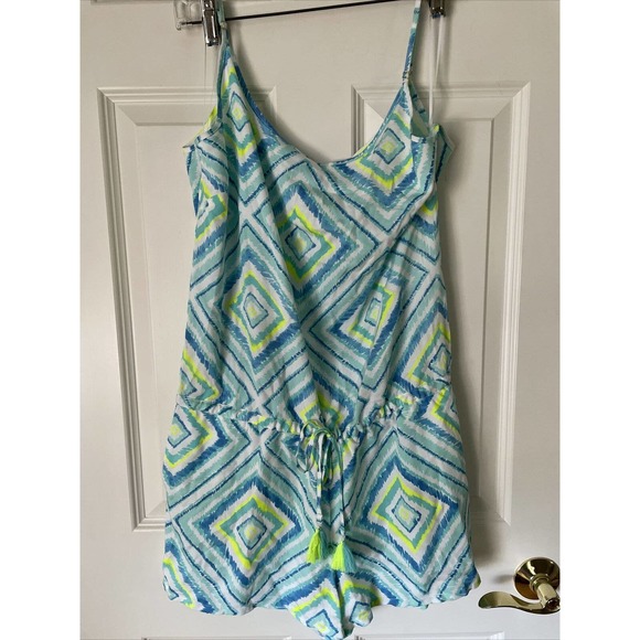 New Southern Tide Blue Kendall Geometric Print Short Romper tassels pockets M - Picture 1 of 9